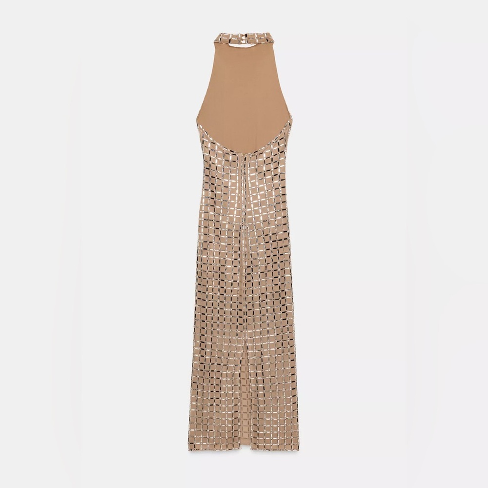 Zara Elegant Tan Mesh Halter sparkly maxi Dress - Picture 5 of 6